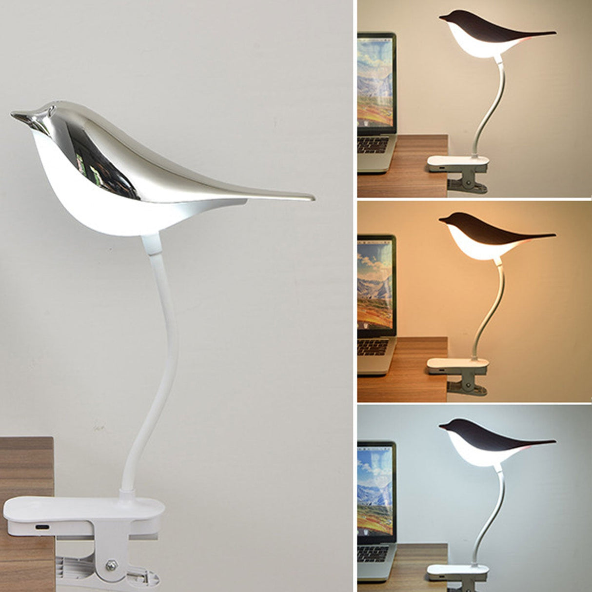 BrightBird Nordic LED Tischlampe | USB-Ladung | Nachtlicht mit Vogelclip | Modernes Design