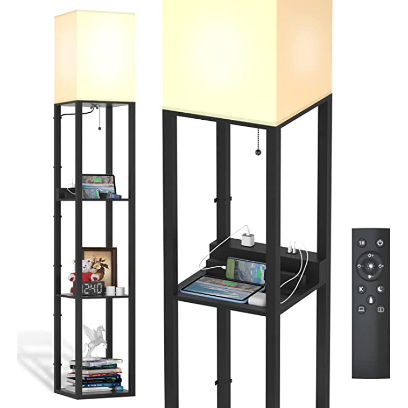 ShelfLoom Stehlampe mit Regalen | Regal-Stehlampen aus Massivholz | Mit 2 USB-Ladeports & Steckdose | Für Schlafzimmer & Wohnzimmer