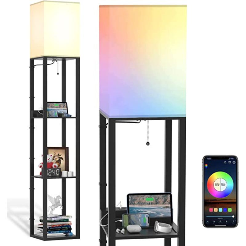 ShelfLoom Stehlampe mit Regalen | Regal-Stehlampen aus Massivholz | Mit 2 USB-Ladeports & Steckdose | Für Schlafzimmer & Wohnzimmer