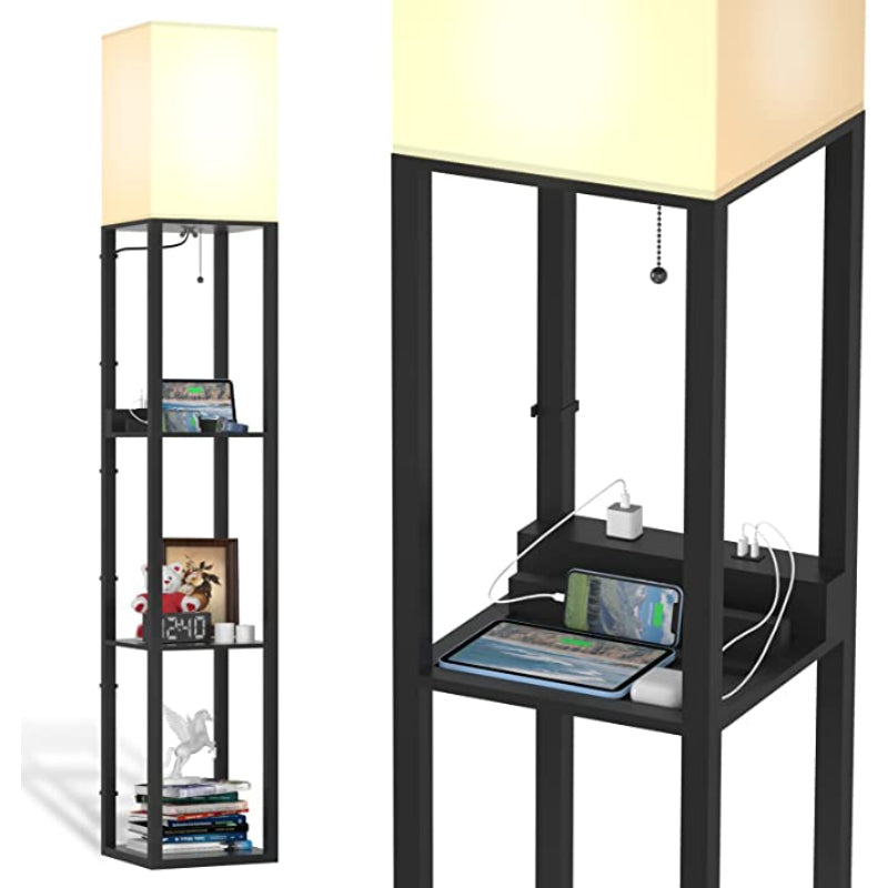 ShelfLoom Stehlampe mit Regalen | Regal-Stehlampen aus Massivholz | Mit 2 USB-Ladeports & Steckdose | Für Schlafzimmer & Wohnzimmer