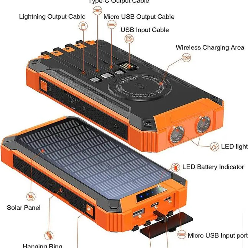 ChargePro Solar Powerbank | Kabelloses Ladegerät | 15W Schnellladefunktion | 6 Ausgänge | Integrierte Kabel | Tragbar & Wasserdicht