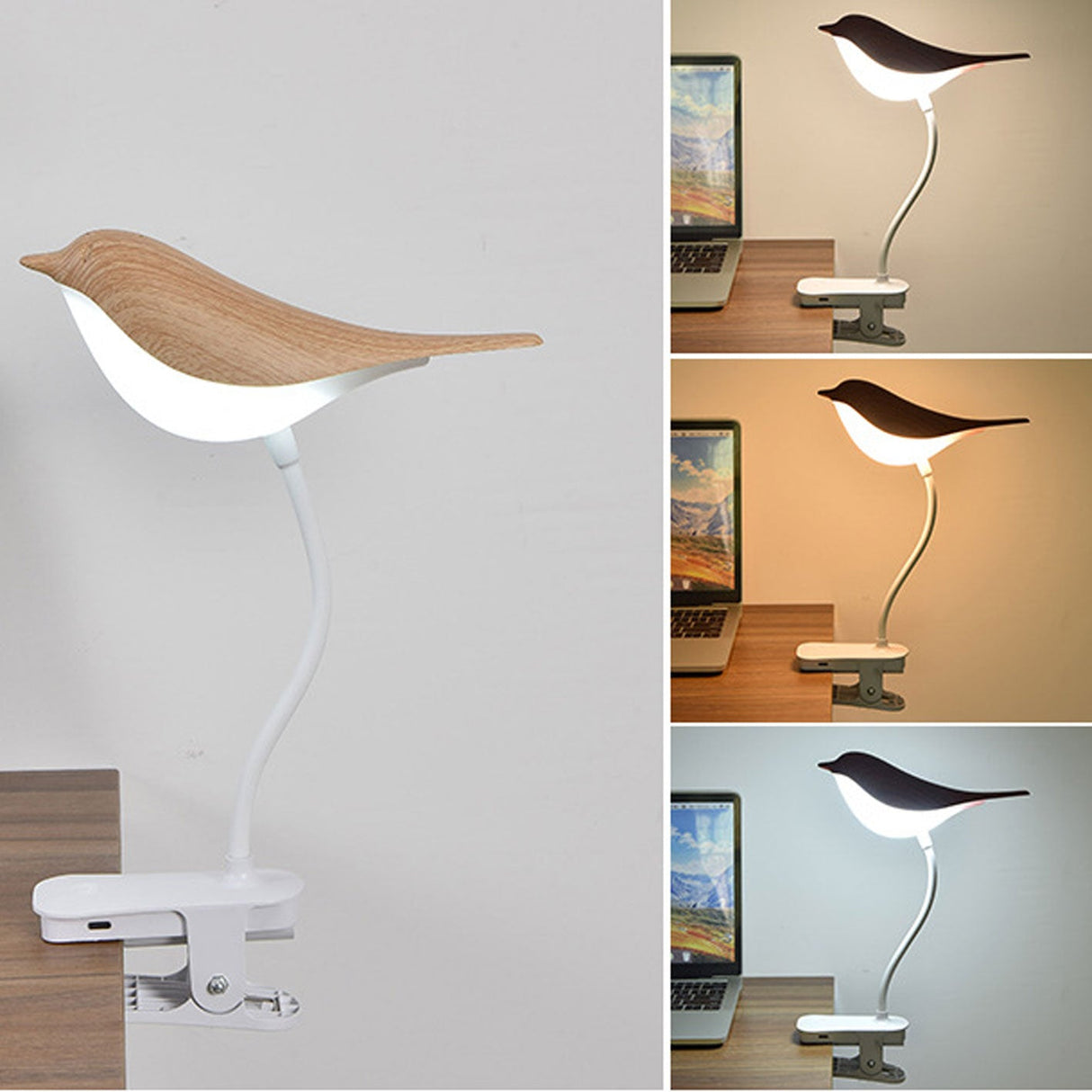 BrightBird Nordic LED Tischlampe | USB-Ladung | Nachtlicht mit Vogelclip | Modernes Design