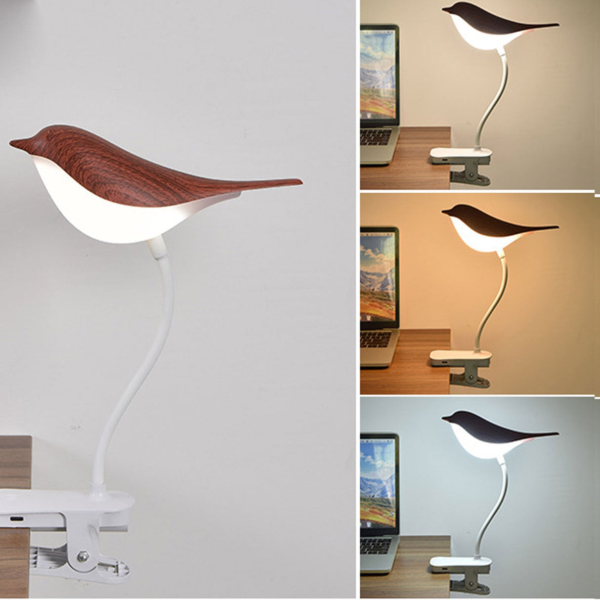 BrightBird Nordic LED Tischlampe | USB-Ladung | Nachtlicht mit Vogelclip | Modernes Design