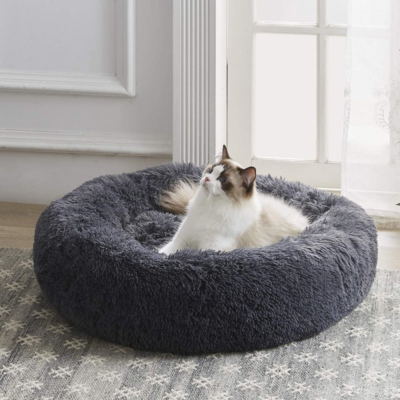 PawNest Beruhigendes Donut-Katzenbett | Rundes Plüsch Nest | Stresslindernd & Gemütlich | Perfekt für Katzen & kleine Hunde