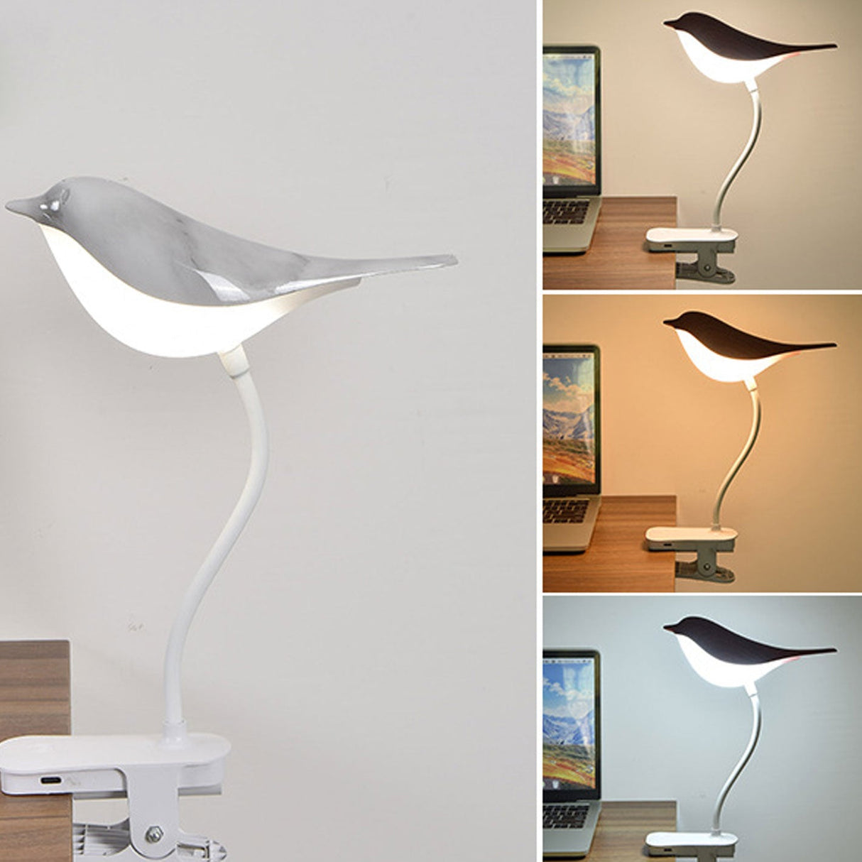 BrightBird Nordic LED Tischlampe | USB-Ladung | Nachtlicht mit Vogelclip | Modernes Design