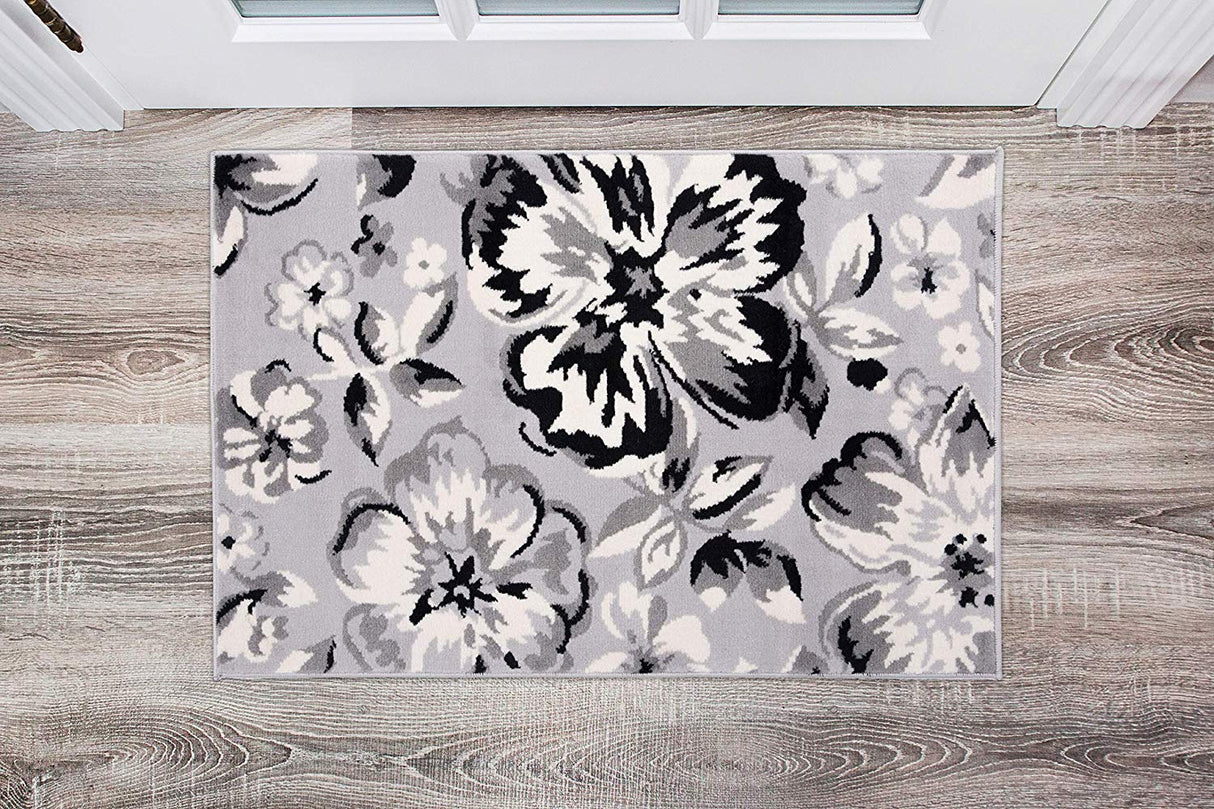 PetaloLoom Luxe Teppich | Grau, Schwarz & Weiß | Blumendesign | Pflegeleicht & Modern