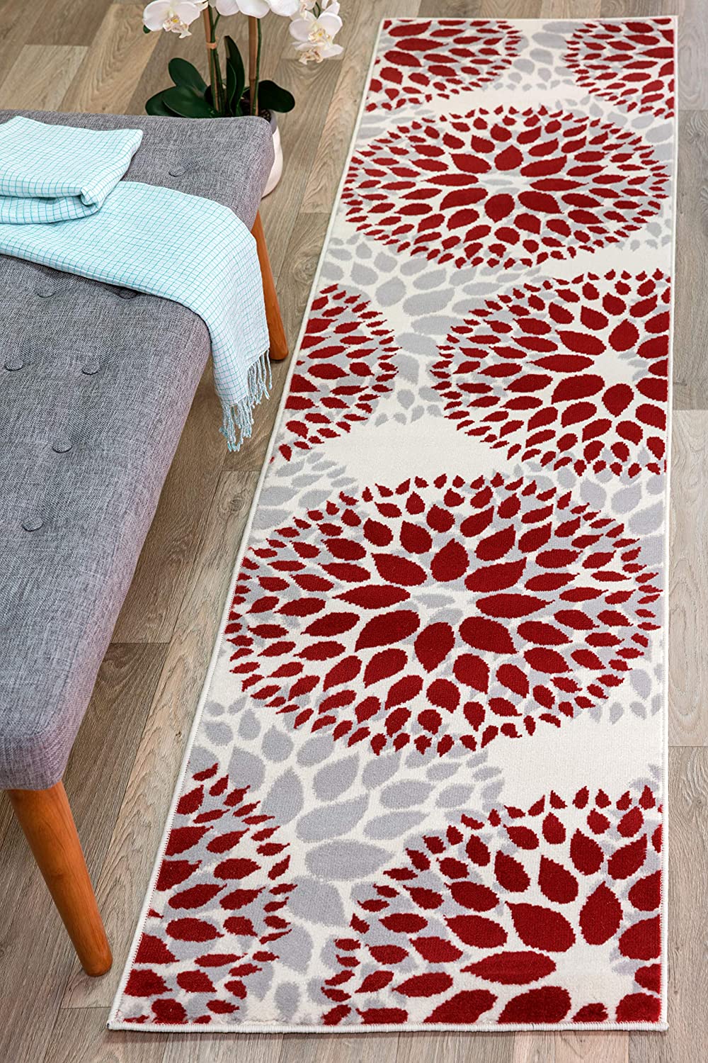 BloomNove Elegance Teppich | Grau & Rot | Blumendesign | Pflegeleicht & Modern