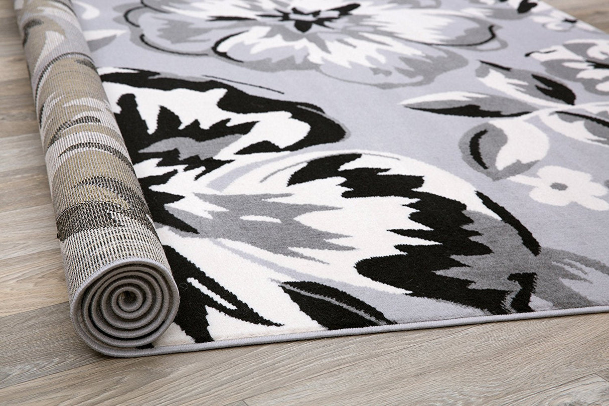 PetaloLoom Luxe Teppich | Grau, Schwarz & Weiß | Blumendesign | Pflegeleicht & Modern