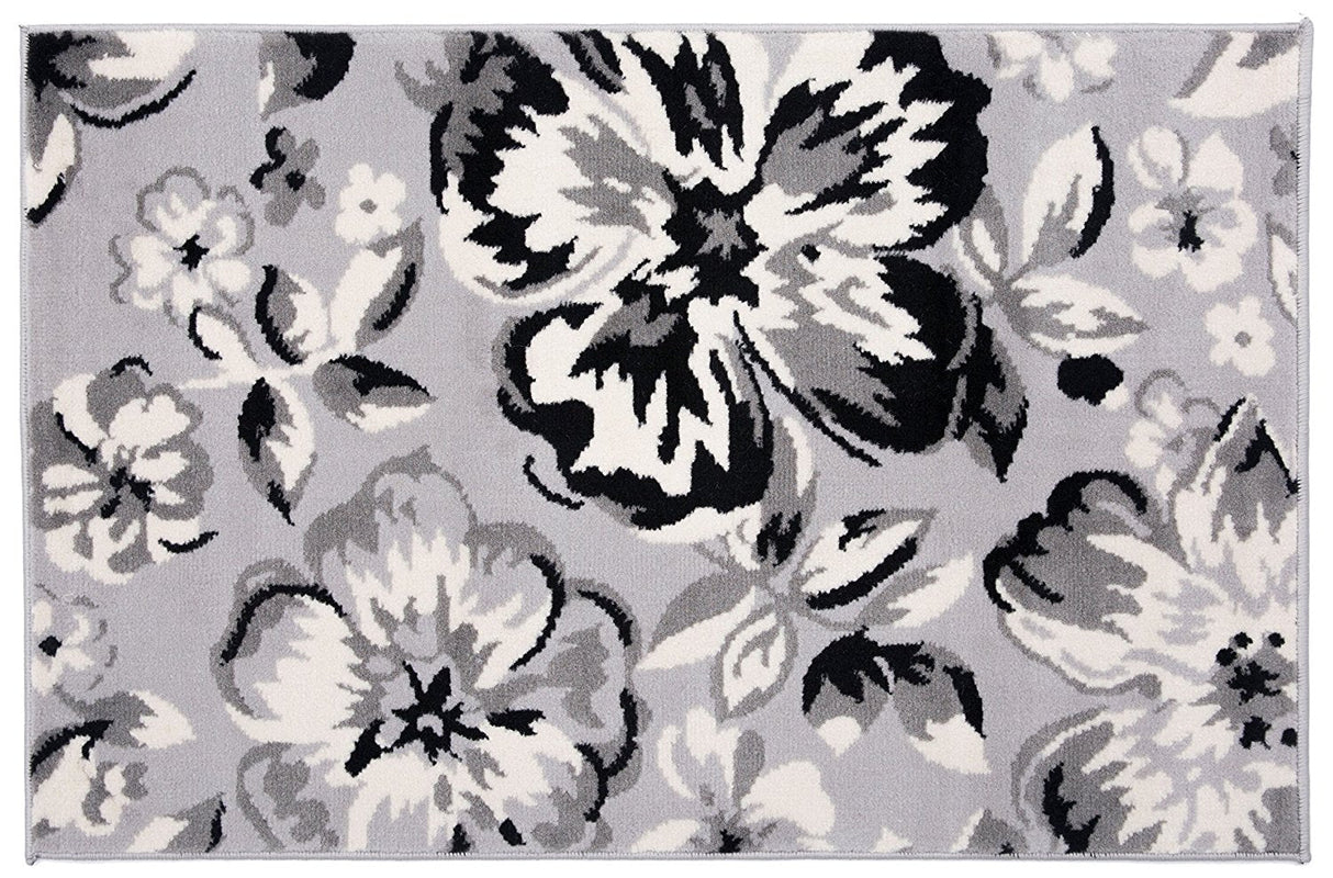 PetaloLoom Luxe Teppich | Grau, Schwarz & Weiß | Blumendesign | Pflegeleicht & Modern