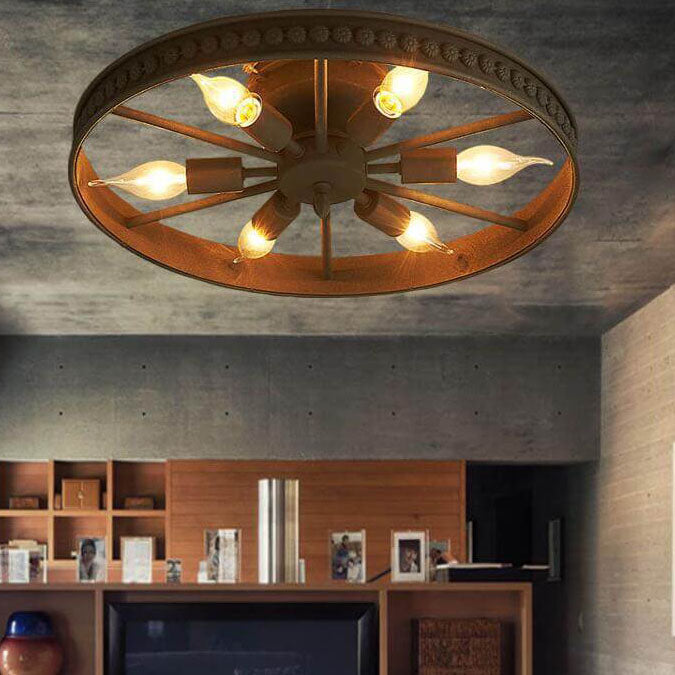 IronWheel Deckenleuchte | Industrielles Design mit 6 Leuchten | Flush-Mount Lampe | Schwarz & Rostfarben