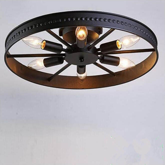 IronWheel Deckenleuchte | Industrielles Design mit 6 Leuchten | Flush-Mount Lampe | Schwarz & Rostfarben