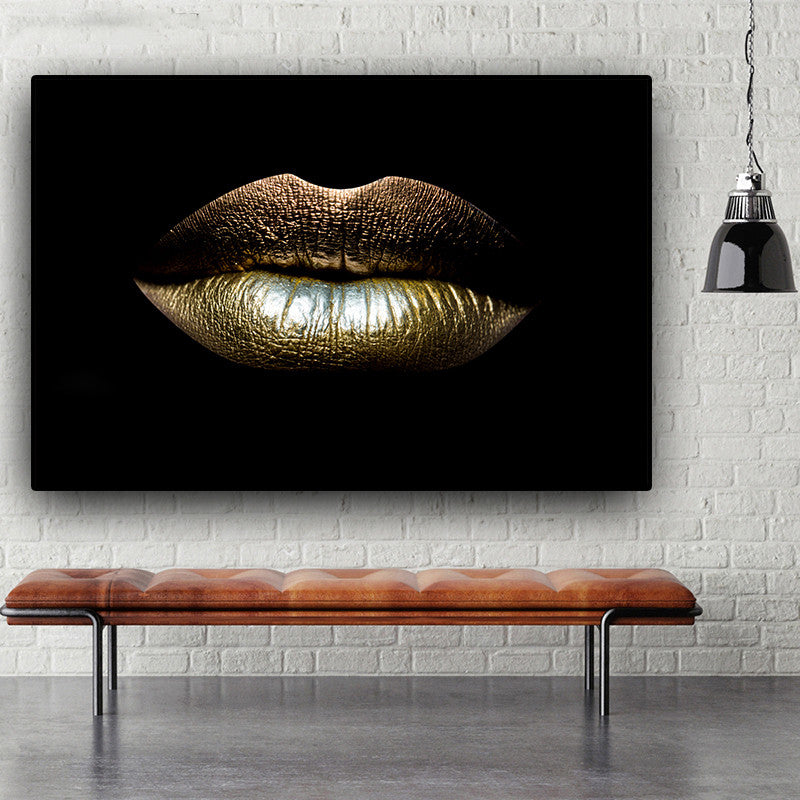 LuxeLips Goldene Lippen Leinwanddruck | Glamouröse Wandkunst | Elegante Deko für Zuhause