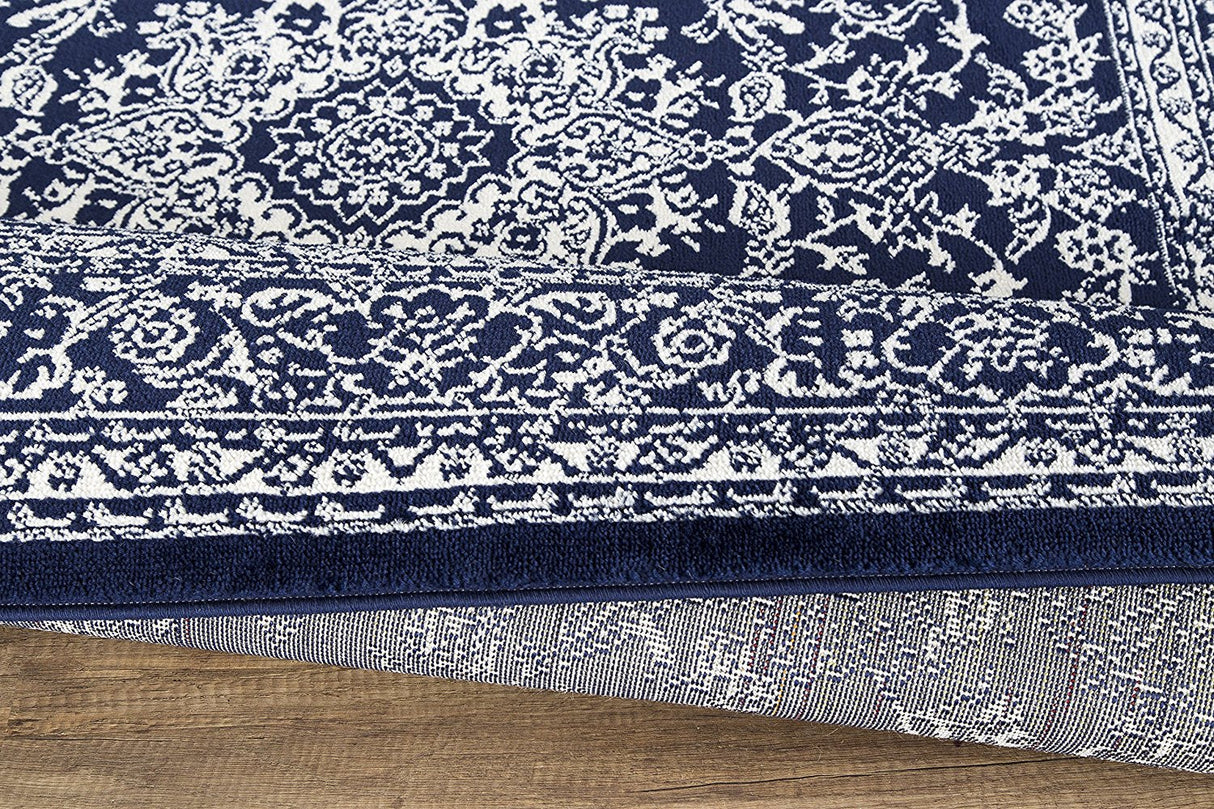 MarineCharm Oriental Teppich | Navy & Elfenbein | Pflegeleicht & Weich | Wohnzimmer & Flur