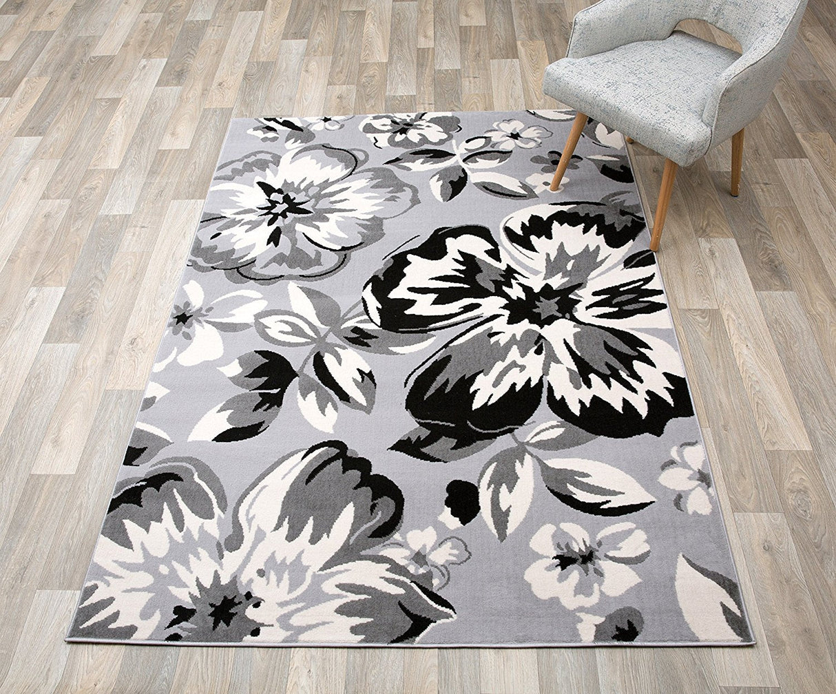 PetaloLoom Luxe Teppich | Grau, Schwarz & Weiß | Blumendesign | Pflegeleicht & Modern