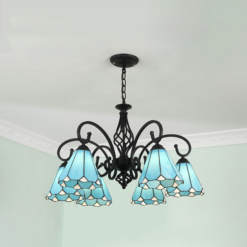 VitraGleam Tiffany Hängelampe | Konischer Buntglas Kronleuchter | 3/5/6/8 Lichter | Wohnzimmer Eleganz