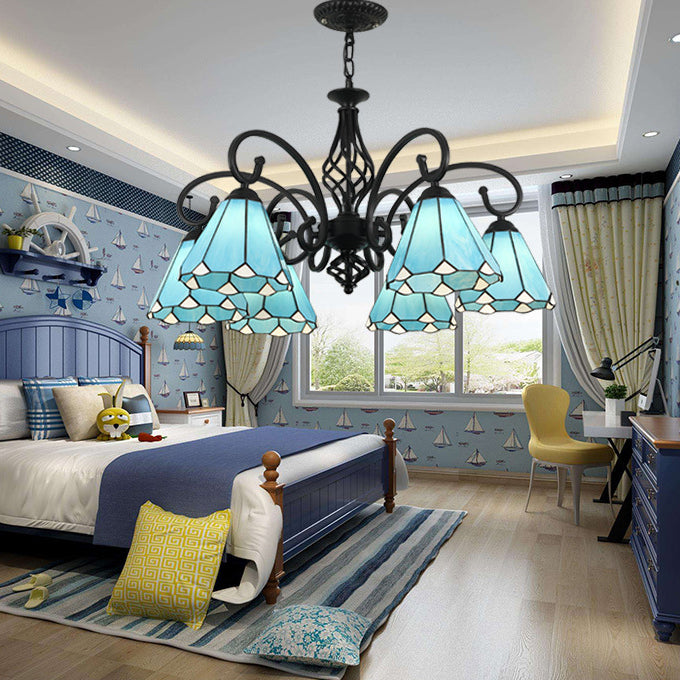 VitraGleam Tiffany Hängelampe | Konischer Buntglas Kronleuchter | 3/5/6/8 Lichter | Wohnzimmer Eleganz