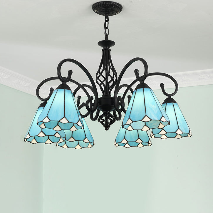VitraGleam Tiffany Hängelampe | Konischer Buntglas Kronleuchter | 3/5/6/8 Lichter | Wohnzimmer Eleganz