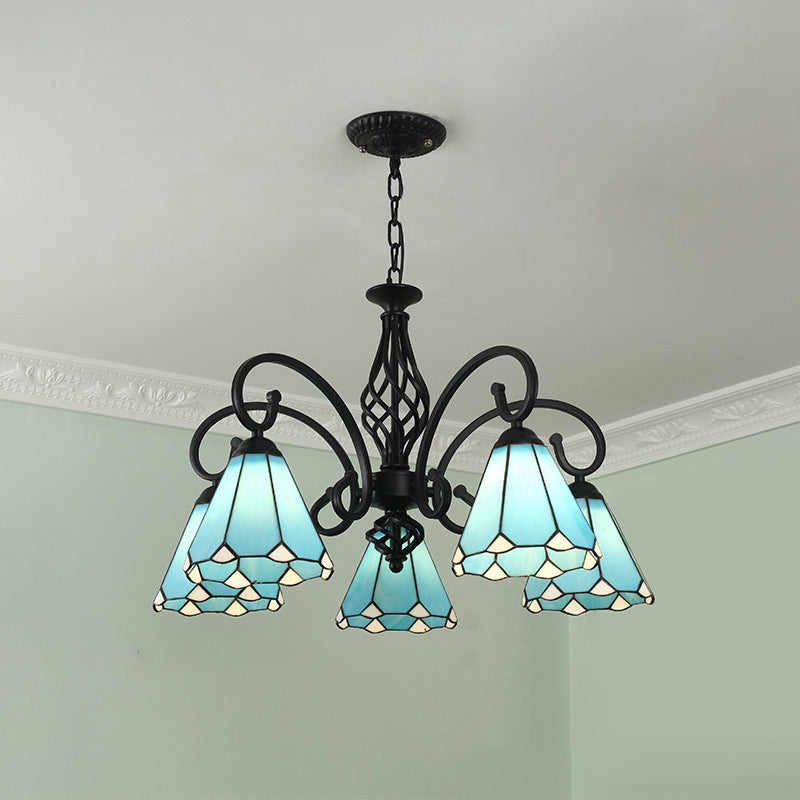 VitraGleam Tiffany Hängelampe | Konischer Buntglas Kronleuchter | 3/5/6/8 Lichter | Wohnzimmer Eleganz