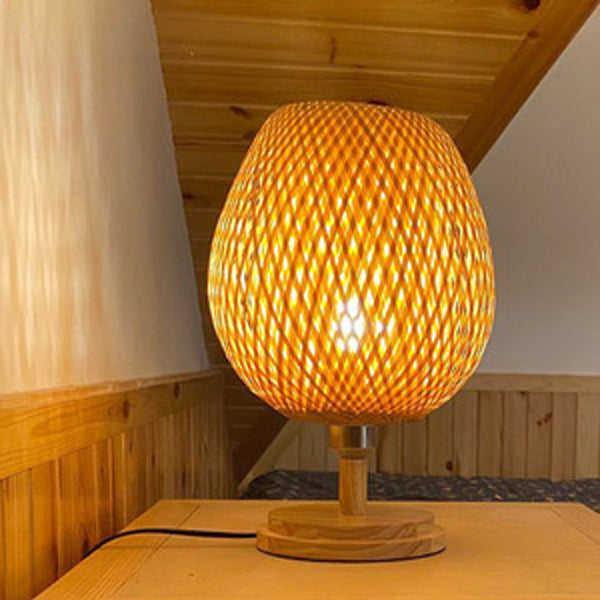 Bamboro Japanisches Design Tischlampe | Handgefertigte Bambus-Weberei | Holz & Metall | Schlafzimmerbeleuchtung