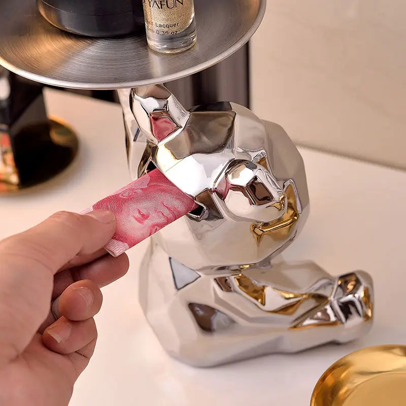 GoldenBear Keramik-Spardose | Vergoldete Bärenfigur mit Ablagefach | Schreibtischdekoration & Organisation