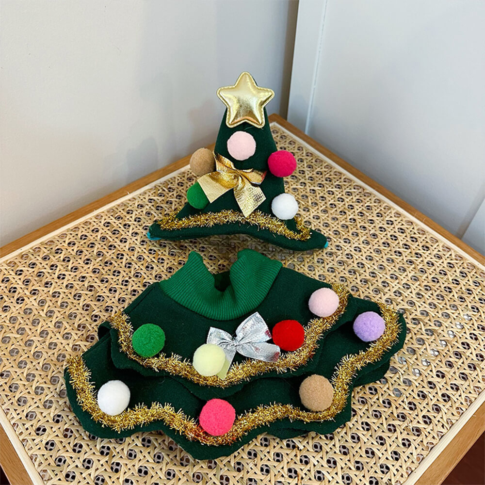 FestivePaws Weihnachtskostüm für Hunde & Katzen | Weihnachtsbaum Outfit | Hut & Umhang Set | Cosplay für Haustiere