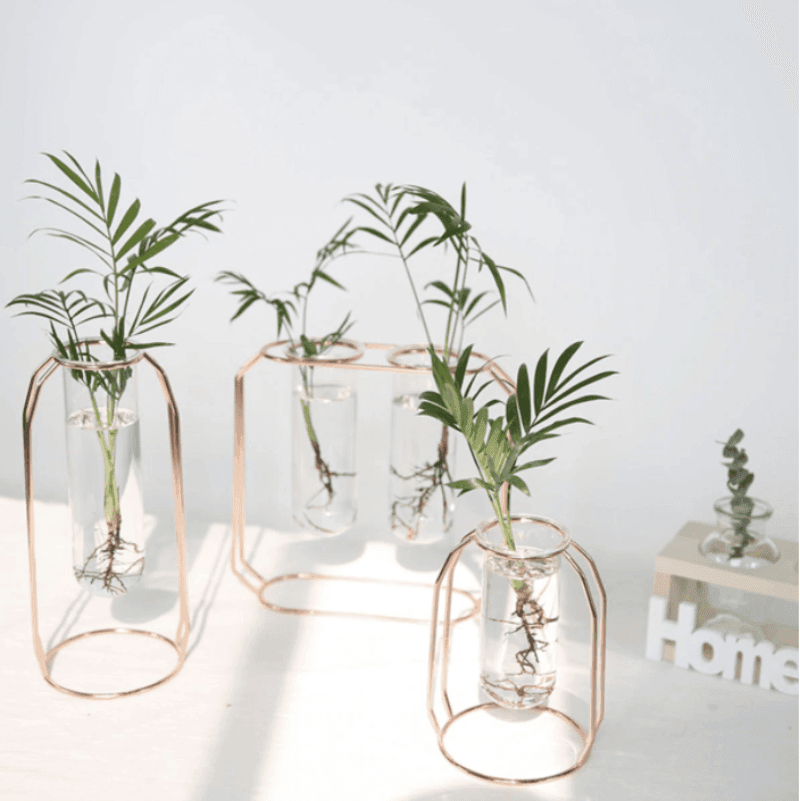 FloraFloat Eisen-Glas-Geometrische Vase | Schwebe-Design für Pflanzenvermehrung & Dekoration | In Gold & Rosébraun | Verschiedene Größen