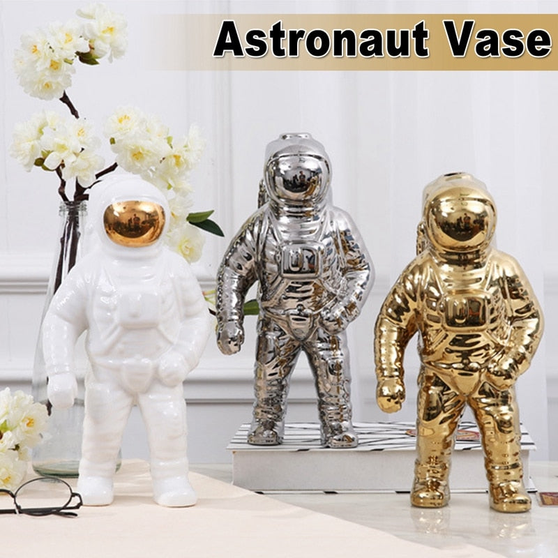 AstroVase Gold Space Man Keramik Vase | Astronaut Skulptur | Kreative Deko für Zuhause & Garten