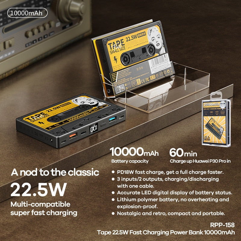 VoltCassette Retro Powerbank | Tragbares Ladegerät | Vintage Design | 10.000mAh Akku für Unterwegs