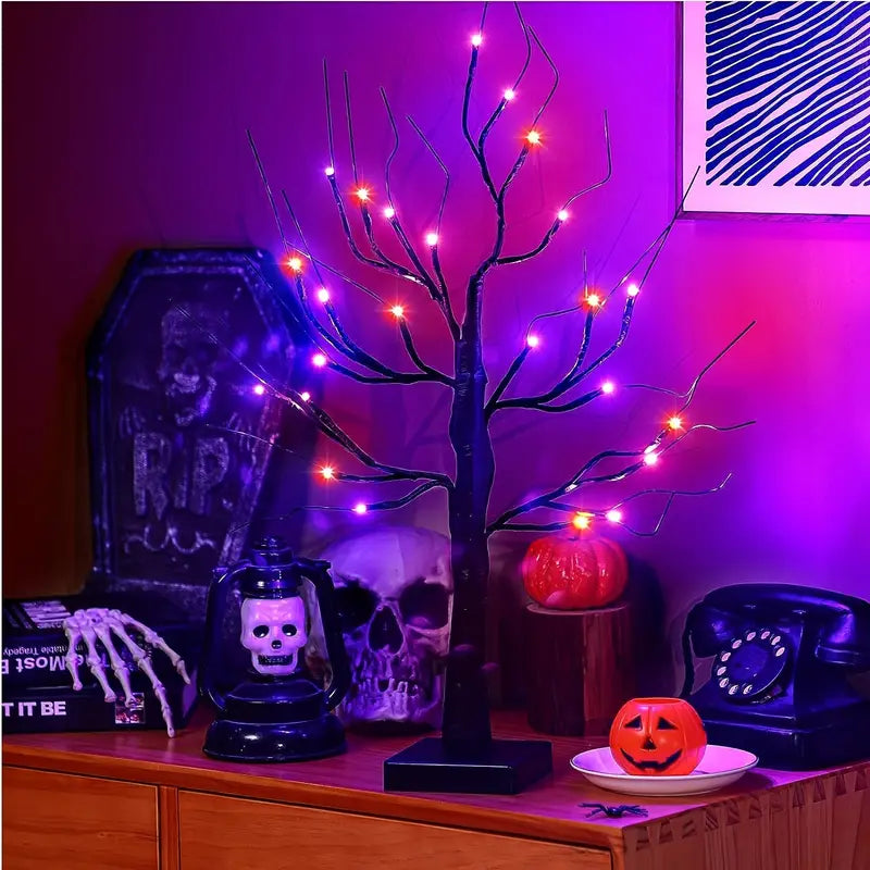 GlowHaunt LED Halloween Birkenbaum | Stimmungslicht | Leuchtende Deko in Orange & Lila