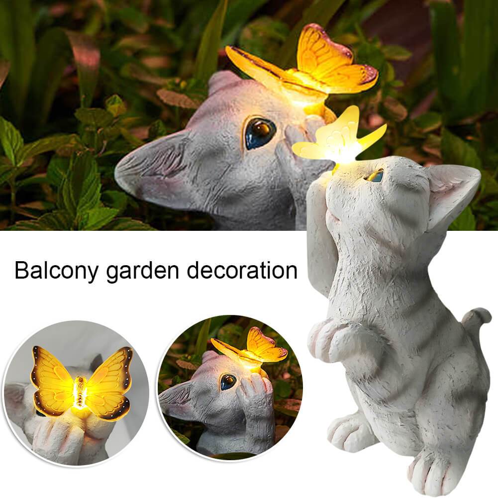 SolarPurr Gartenleuchte | LED-Katzenfigur mit Schmetterling | Solarbetrieben | Wetterfest | Dekoration für Außenbereiche