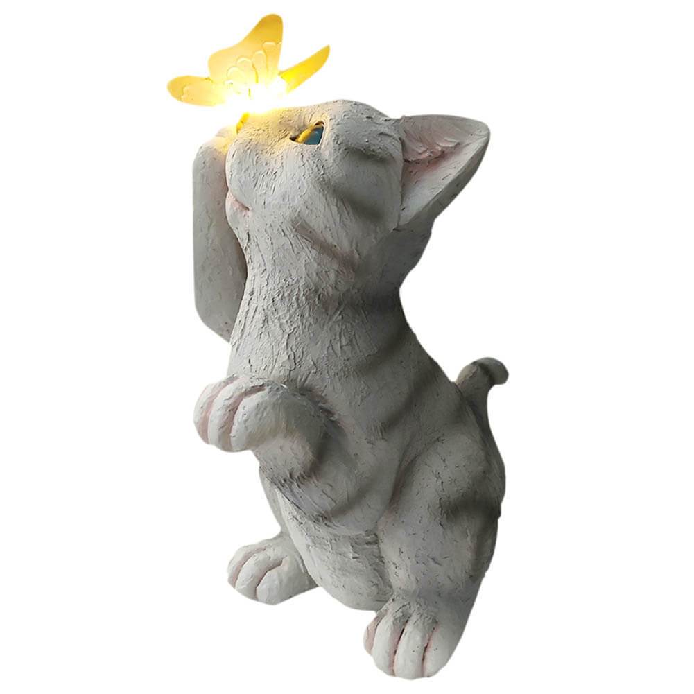 SolarPurr Gartenleuchte | LED-Katzenfigur mit Schmetterling | Solarbetrieben | Wetterfest | Dekoration für Außenbereiche