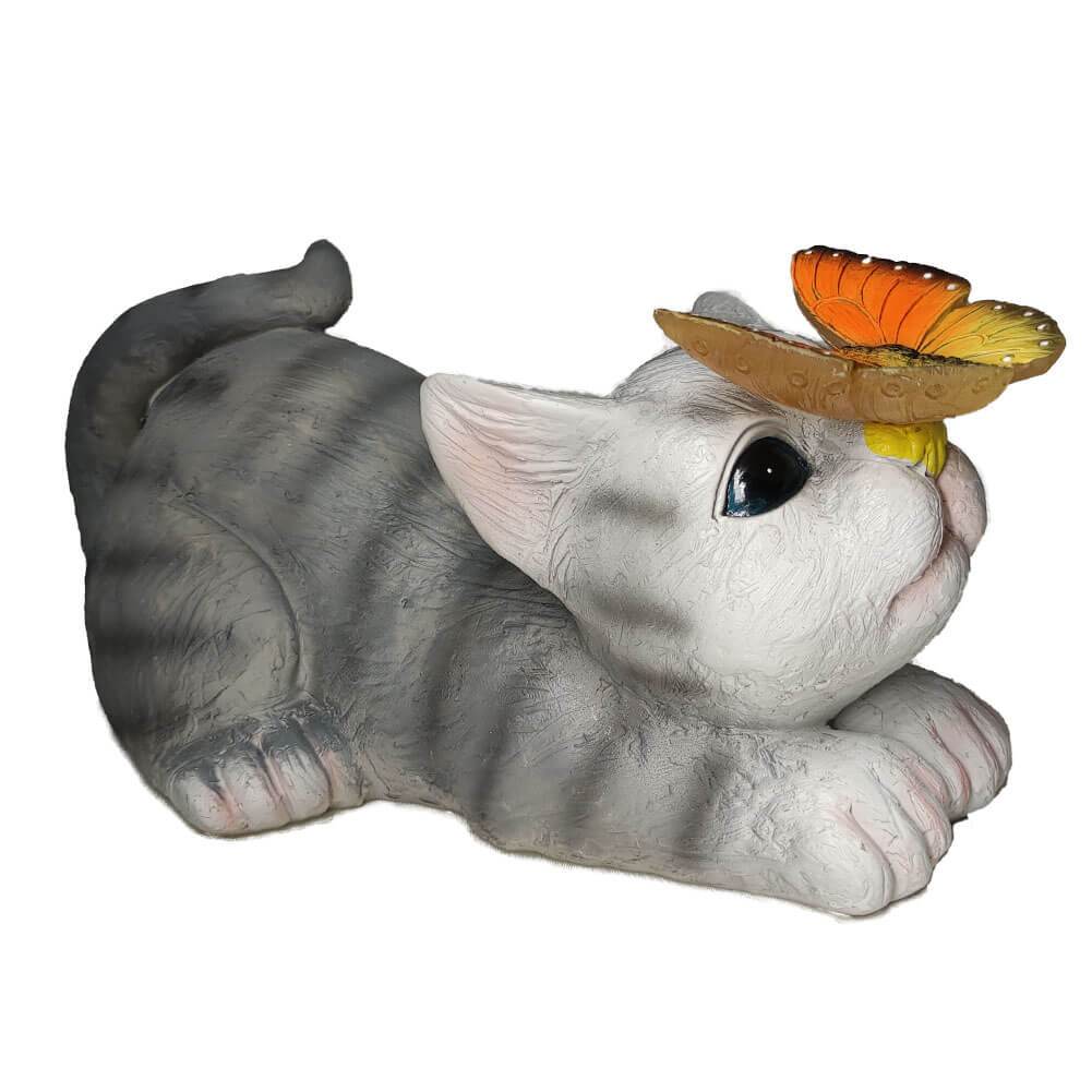 SolarPurr Gartenleuchte | LED-Katzenfigur mit Schmetterling | Solarbetrieben | Wetterfest | Dekoration für Außenbereiche