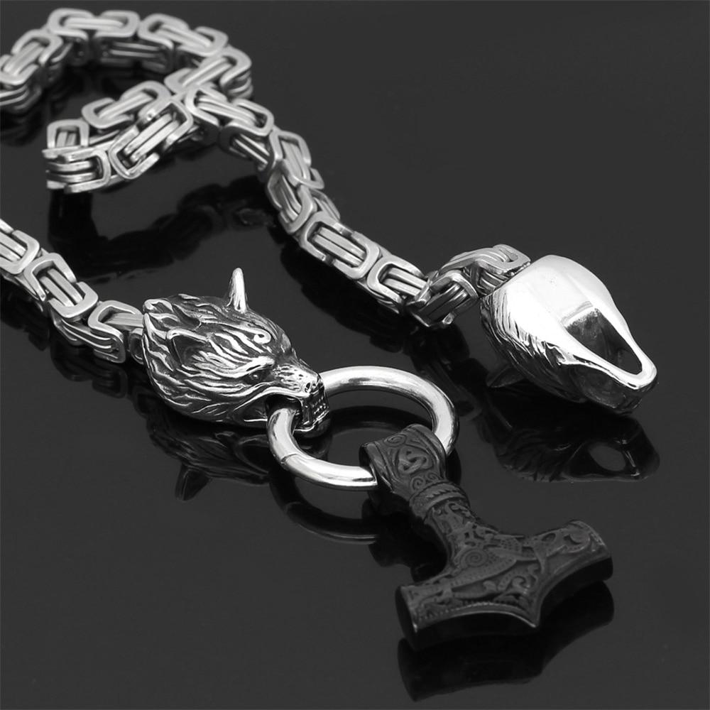 WolfSpirit Edelstahl Halskette & Armband | Doppel-Wolfskopf & Mjolnir Design | Viking Schmuck | 60–90 cm | Robust & Stilvoll