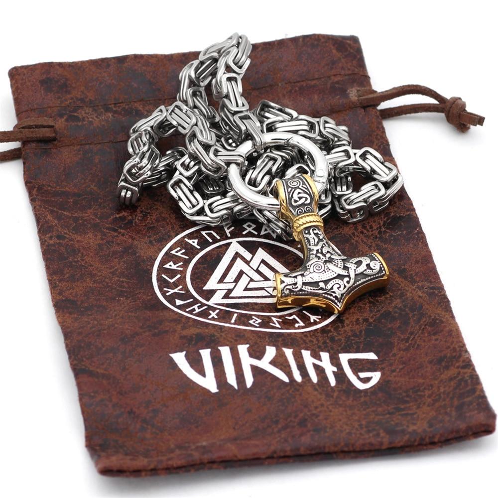 WolfSpirit Edelstahl Halskette & Armband | Doppel-Wolfskopf & Mjolnir Design | Viking Schmuck | 60–90 cm | Robust & Stilvoll