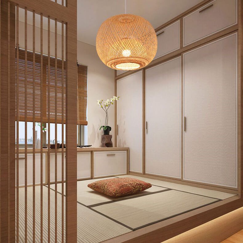 BambooAura Bambus Pendelleuchte | Runder Ball | Japanischer Stil | 1-flammig | Beige | Handgewebt