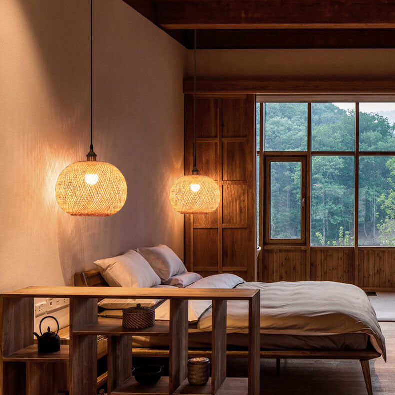 BambooAura Bambus Pendelleuchte | Runder Ball | Japanischer Stil | 1-flammig | Beige | Handgewebt