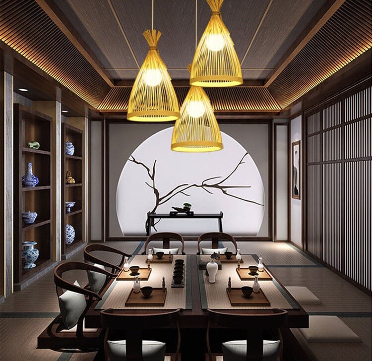 ZenBreeze Japanische Pendelleuchte | Handgeflochtenes Bambusdesign | Kegelförmige 1-flammige Hängeleuchte | Natürliche Eleganz