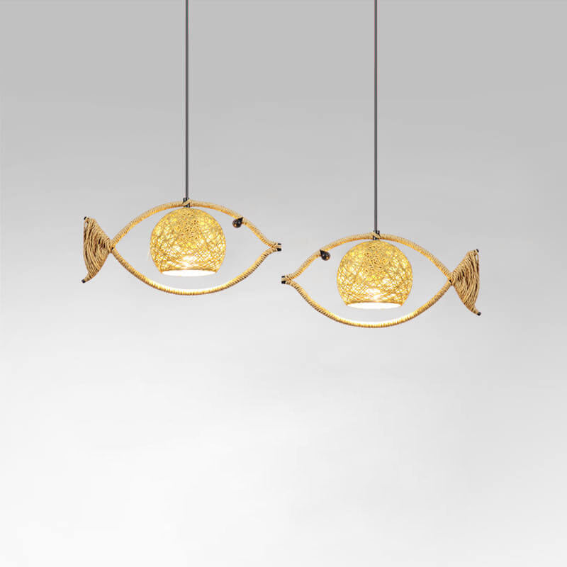 FishLoom Kreative Pendelleuchte | Fischform aus Hanfseil & Weidengeflecht | 1-flammige LED-Hängeleuchte | Rustikale Deko