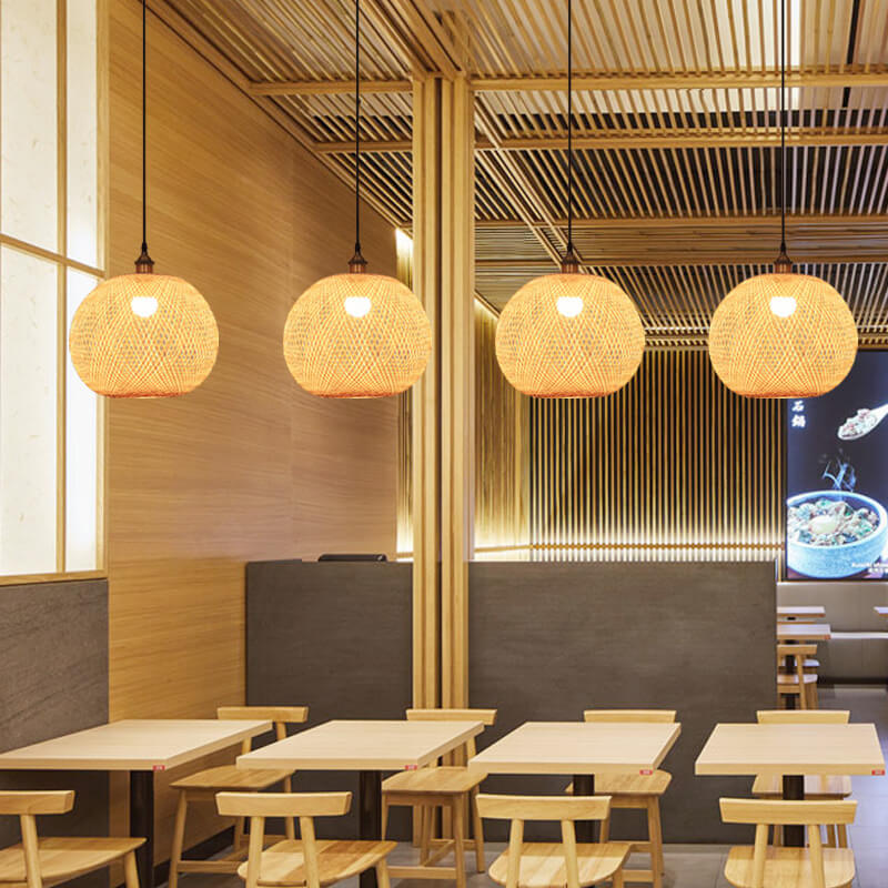 BambooAura Bambus Pendelleuchte | Runder Ball | Japanischer Stil | 1-flammig | Beige | Handgewebt