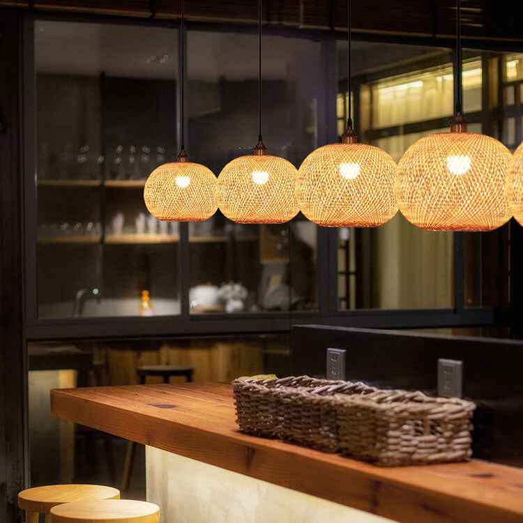 BambooAura Bambus Pendelleuchte | Runder Ball | Japanischer Stil | 1-flammig | Beige | Handgewebt