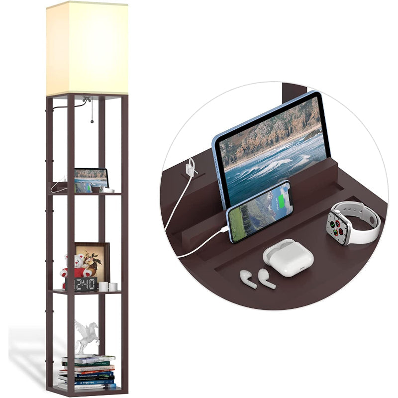 ShelfLoom Stehlampe mit Regalen | Regal-Stehlampen aus Massivholz | Mit 2 USB-Ladeports & Steckdose | Für Schlafzimmer & Wohnzimmer