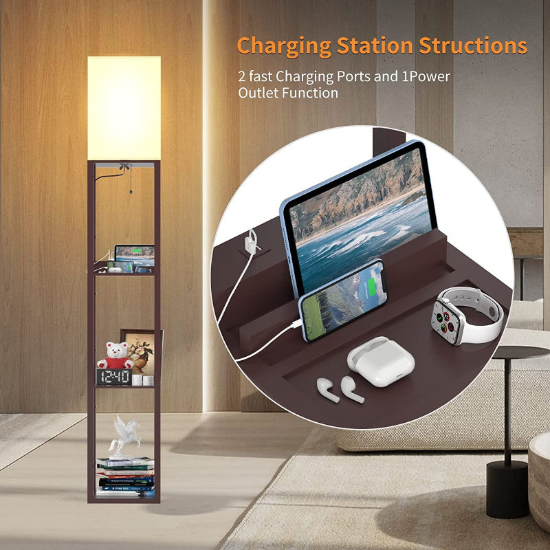 ShelfLoom Stehlampe mit Regalen | Regal-Stehlampen aus Massivholz | Mit 2 USB-Ladeports & Steckdose | Für Schlafzimmer & Wohnzimmer
