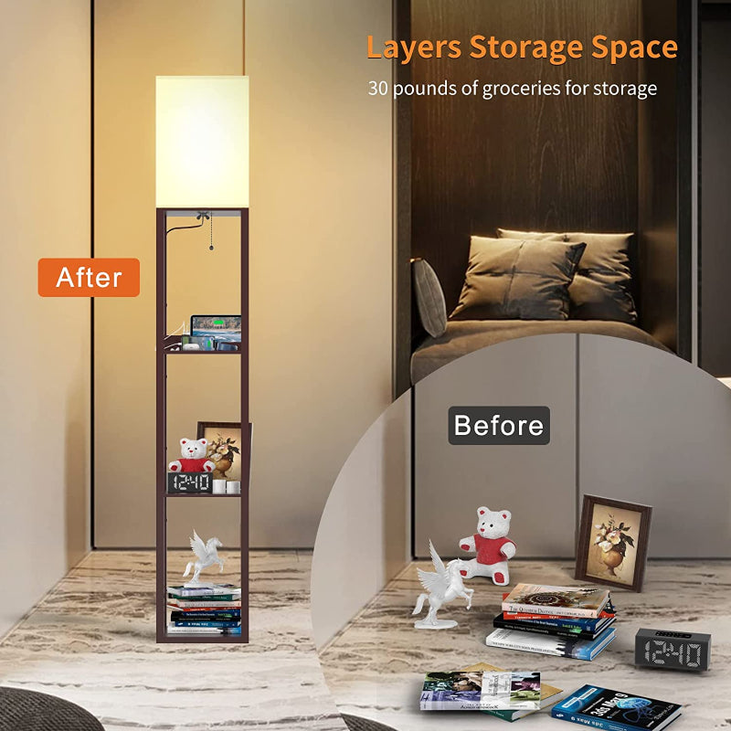 ShelfLoom Stehlampe mit Regalen | Regal-Stehlampen aus Massivholz | Mit 2 USB-Ladeports & Steckdose | Für Schlafzimmer & Wohnzimmer