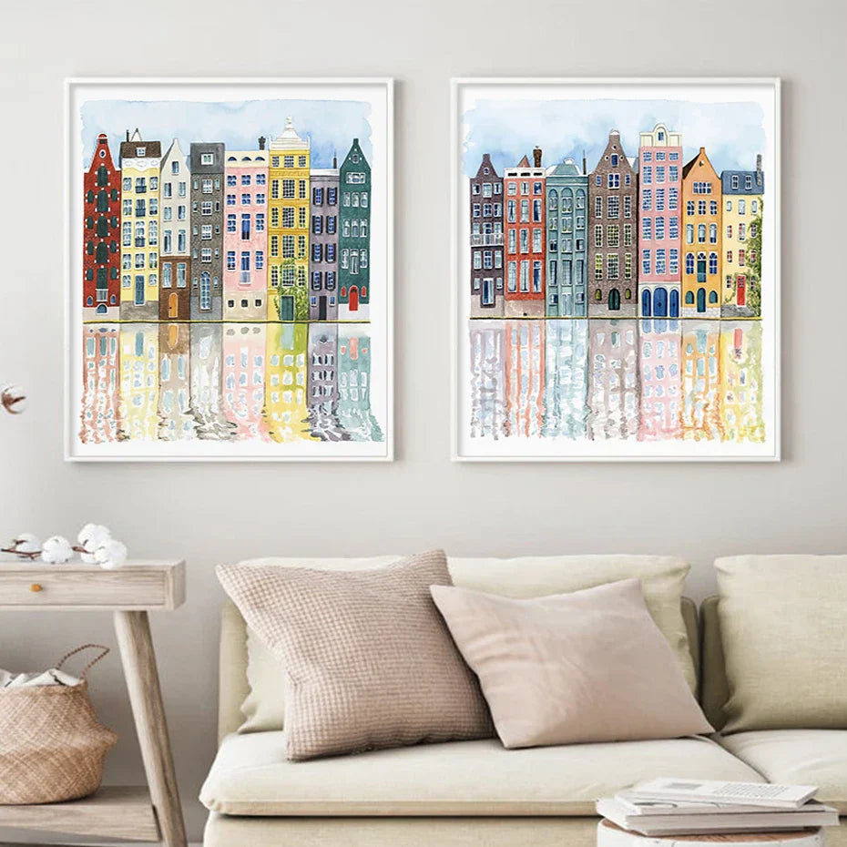 UrbanVista Aquarellfassaden Poster | Leinwanddruck mit alten bunten Gebäuden | Wandkunst für Wohnzimmer & Heimdekoration