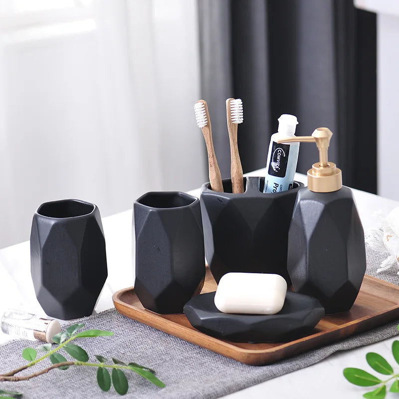 Polygonica Keramik Badezimmer-Set 5-teilig | Modernes Design | Elegante Badaccessoires für Zuhause