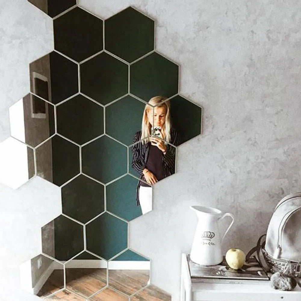 ReflectHex Spiegel Wandaufkleber Set | 12-teilig | Hexagon Design | Modernes Wanddekor | Selbstklebend