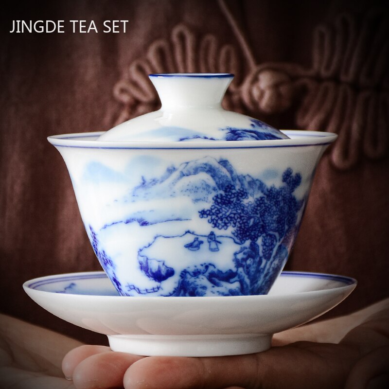 PorceVive Gaiwan Teetasse | Handgefertigtes Porzellan mit Landschaftsmuster | Chinesisches Teeset mit Deckel