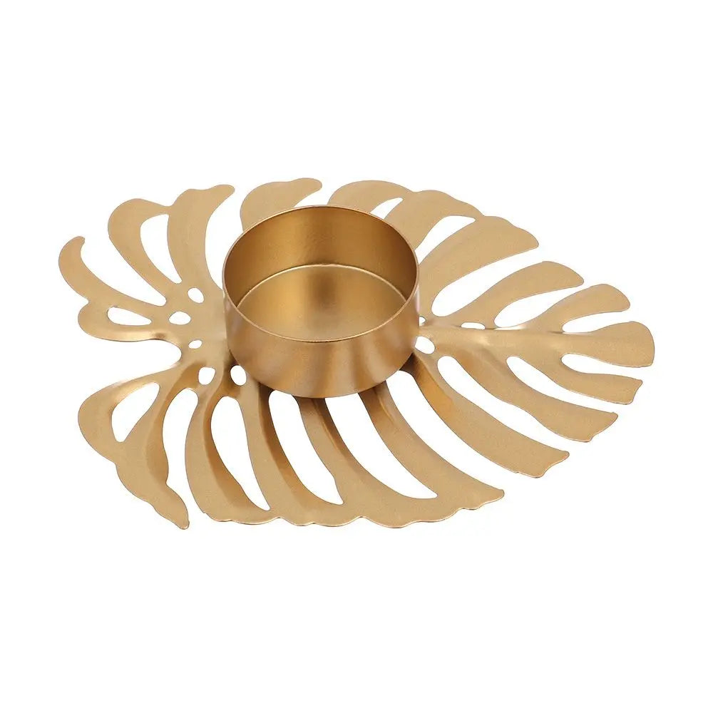 LumiLeaf Monstera Kerzenhalter aus Eisen | Gold & Grün | Tropisches Design | Wohn- und Tischdeko