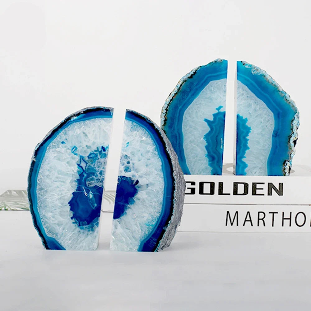 AurumEdge Blaue Achat-Buchstützen | 2er Set | Elegante Steindeko für Zuhause & Büro | Natürliche Edelstein-Optik