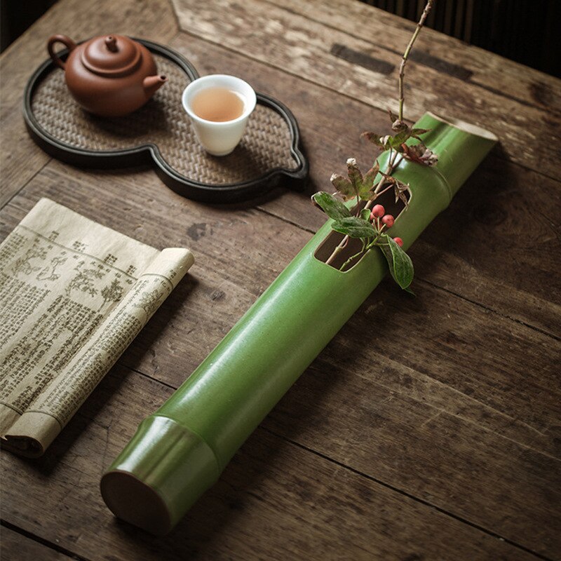 ZenCraft Wandvase aus Bambus & Keramik | Minimalistisches Design für Trockenblumen & Hydrokultur | Stilvolle Wanddeko für Wohnzimmer